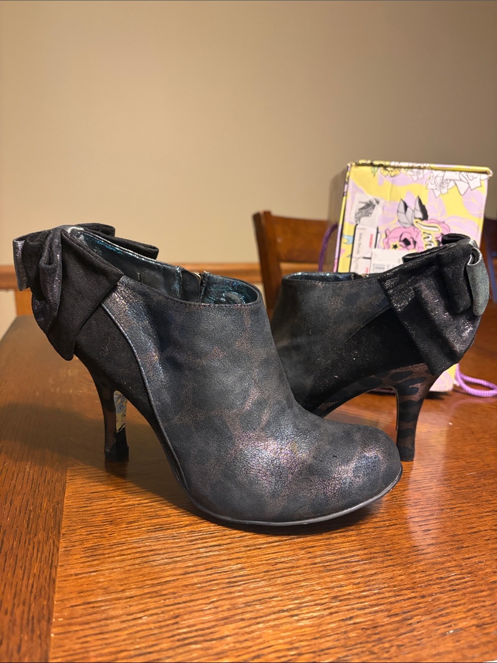 Irregular Choice Iridescent Black Bow Ankle Booties